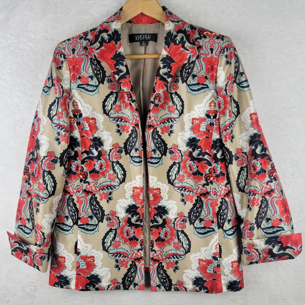 Kasper 12 Blazer Open Front Cuff Satin Beige Red Black Asian Boho Floral Jacket